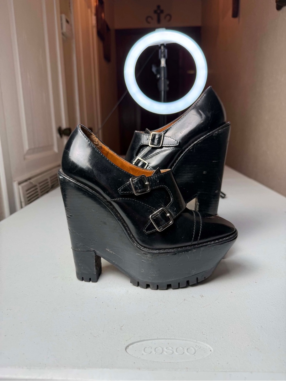 Burberry Prorsum Italy Black Leather Wedge Platform Shoes 38 / US 8 damage heel